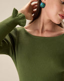 Sueña™ Yeşil Kayık Yaka Fırfırlı Slim Tişört