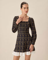 Siyah Kontrast Puf Kollu Mini Elbise