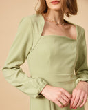 Düz Kare Yaka Uzun Kollu Elbise