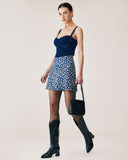 Sueña Lacivert Çiçekli A Kesim Mini Etek