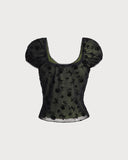 Sueña™ Siyah Çiçekli U Yaka Dantelli Tişört