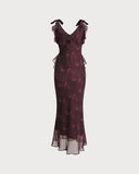 Sueña™ Mor Çiçekli Volanlı Askılı Uzun Elbise