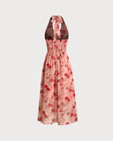 Sueña™ Kırmızı Çiçekli Büzgülü Askılı Uzun Elbise