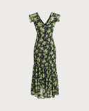 Sueña Siyah Çiçekli V Yaka Volanlı Midi Elbise