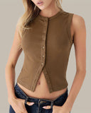 Sueña™ Kahve Yuvarlak Yaka Örgü Atlet