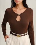 Sueña™ Kahverengi Yuvarlak Yaka İnce Örgü Tişört