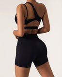 Sueña™ Siyah Tek Omuz Kısa Yoga Üstü - Hafif Destekli