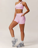 Sueña™ Pembe Tek Omuz Kısa Yoga Üstü - Hafif Destekli