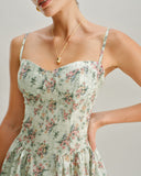 Sueña™ Yeşil Çiçekli Kalp Yaka Pileli Slip Midi Elbise