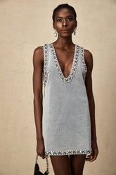 Sueña Daphné Mavi Kristal Kolsuz Denim Mini Elbise