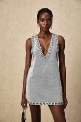 Sueña Daphné Mavi Kristal Kolsuz Denim Mini Elbise