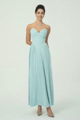 Zarif Straplez Pileli Maksi Elbise