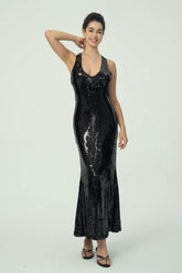 Çiçek Detaylı Göz Alıcı Siyah Pullu Maksi Elbise