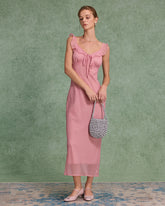 Sueña™ Pembe Çiçekli Volanlı Askılı Uzun Elbise