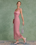 Sueña™ Pembe Çiçekli Volanlı Askılı Uzun Elbise