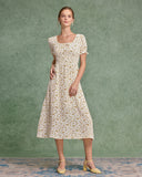 Sueña™ Sarı Çiçekli Kare Yaka Büzgülü Midi Elbise