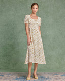 Sueña™ Sarı Çiçekli Kare Yaka Büzgülü Midi Elbise