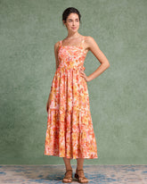 Sueña™ Turuncu Çiçekli Kare Yaka Midi Elbise