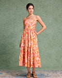 Sueña™ Turuncu Çiçekli Kare Yaka Midi Elbise