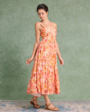 Sueña™ Turuncu Çiçekli Kare Yaka Midi Elbise