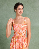 Sueña™ Turuncu Çiçekli Kare Yaka Midi Elbise