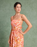 Sueña™ Turuncu Çiçekli Kare Yaka Midi Elbise