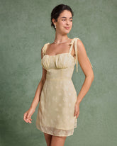 Sueña™ Sarı Jakarlı Bağcıklı Mini Elbise