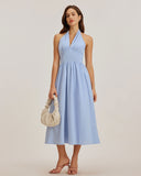 Sueña™ Mavi Halter Pileli Midi Elbise