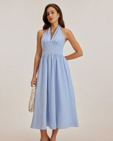 Sueña™ Mavi Halter Pileli Midi Elbise