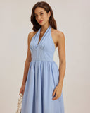 Sueña™ Mavi Halter Pileli Midi Elbise