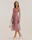 Sueña™ Mor Çiçekli Kravat Askılı Midi Elbise