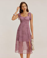 Sueña™ Mor Çiçekli Kravat Askılı Midi Elbise