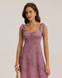 Sueña™ Mor Çiçekli Kravat Askılı Midi Elbise