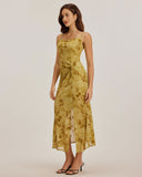 Sueña™ Yeşil Çiçekli Büzgülü Slip Midi Elbise