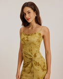 Sueña™ Yeşil Çiçekli Büzgülü Slip Midi Elbise