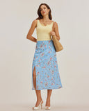 Sueña™ Mavi Çiçekli Yırtmaçlı A Kesim Midi Etek