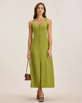 Sueña™ Yeşil Kare Yaka Düğmeli Kolsuz Midi Elbise