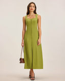 Sueña™ Yeşil Kare Yaka Düğmeli Kolsuz Midi Elbise