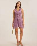 Sueña™ Mor Çiçekli V Yaka Volanlı Kolsuz Mini Elbise