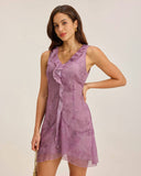 Sueña™ Mor Çiçekli V Yaka Volanlı Kolsuz Mini Elbise