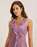 Sueña™ Mor Çiçekli V Yaka Volanlı Kolsuz Mini Elbise