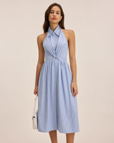 Sueña™ Mavi Çizgili Twist Sırtı Açık Midi Elbise