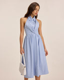 Sueña™ Mavi Çizgili Twist Sırtı Açık Midi Elbise