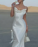 Sueña™ Bej Kıvrımlı Sırtı Açık Slip Uzun Elbise