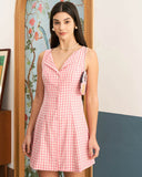 Sueña Kadın Pembe V Yaka Ekose Pamuklu Mini Elbise