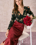 Sueña™ Şarap Kırmızısı Yırtmaçlı Kadife Midi Etek