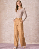 Sueña™ Haki Yüksek Bel Ekose Geniş Paça Pantolon