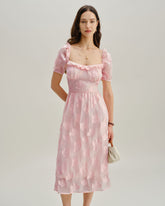 Sueña™ Pembe Kare Yaka Kabarık Kollu Midi Elbise