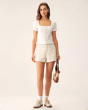 Sueña™ Beyaz Kare Yaka Fitilli Triko Tişört