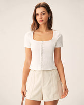 Sueña™ Beyaz Kare Yaka Fitilli Triko Tişört